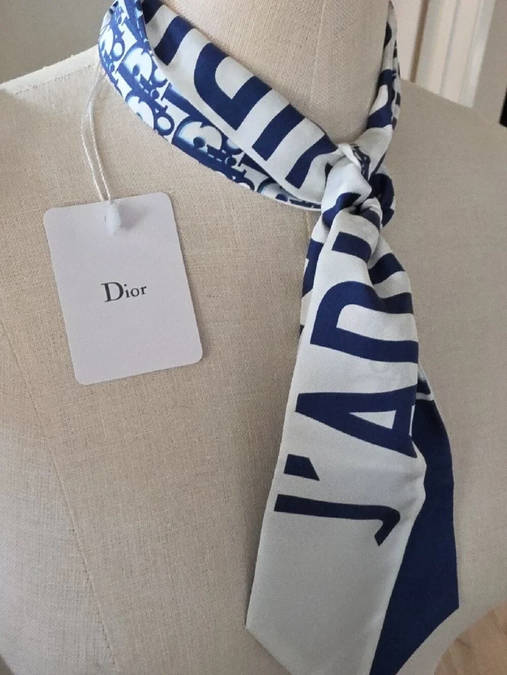 Dior Navy and White Logo Silk Scarf Tie